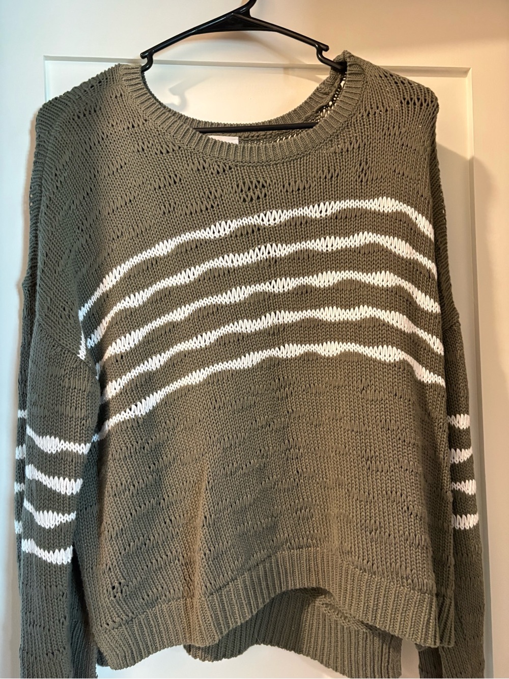 CAbi Olive Green and White Striped Crew Neck Sweater